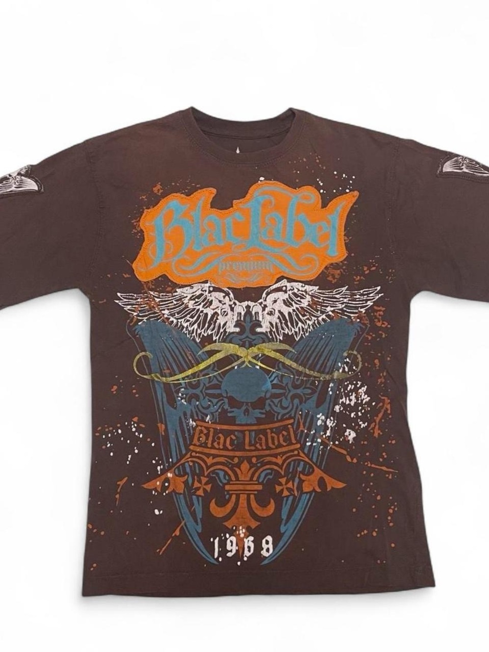 Vintage Y2K Black Label Premium Graphic Tee Men’s M Brown Blue Orange